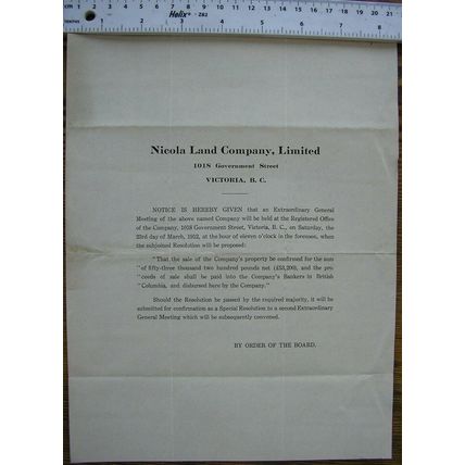 1912 notice of meeting Nicola Land Co., Victoria BC