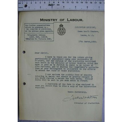1936 letter Ministry of Labour, Statistics Division London