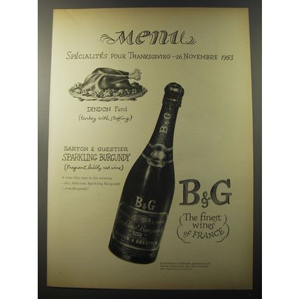 1953 B&G Sparkling Burgundy Ad - Menu specialites pour Thanksgiving - 26