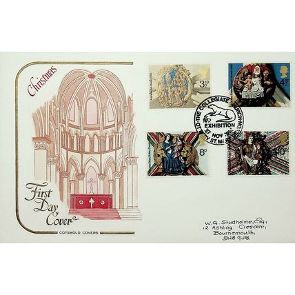 1974 Christmas, Collegiate Church Ottery St Mary Postmark, Cotswold FDC
