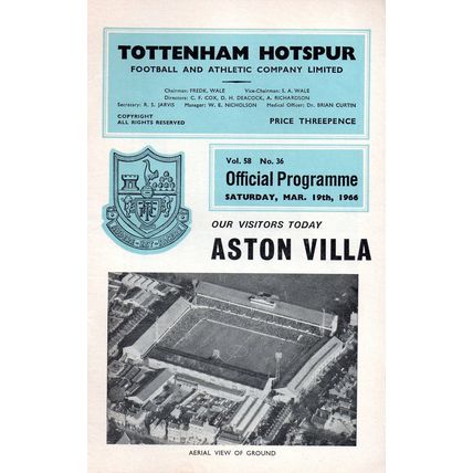 1965/66 Tottenham Hotspur / Spurs vs Aston Villa **FREE P&P**