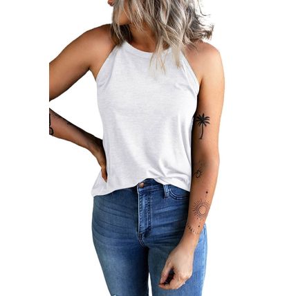 White Solid Color Crew Neck Tank Top
