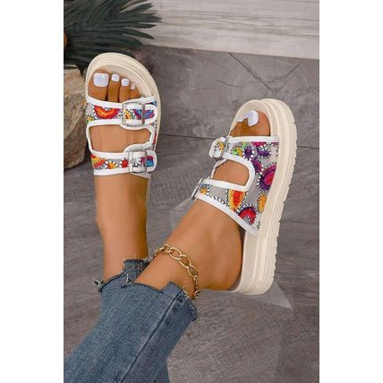 White Crochet Cut Out Buckle Strap Thick Sole Slippers