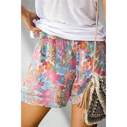 Pink Floral Print Side Pockets Drawstring Casual Shorts