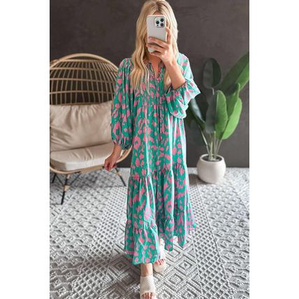 Green Abstract Print Puff Sleeve Tied Notched Neck Long Dress