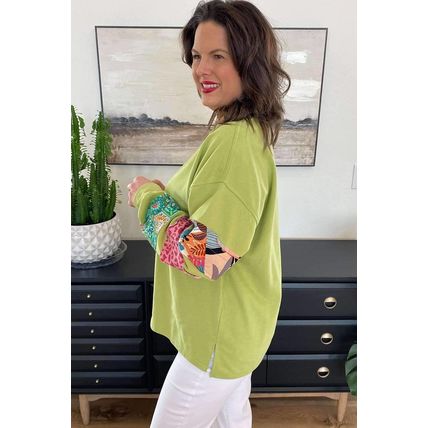 Green Plus Size Printed Patchwork Sleeve Split Sweatshirt