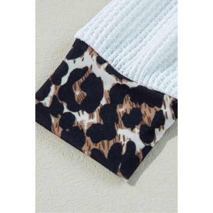 White Leopard Waffle Knit Patchwork Button V Neck Top
