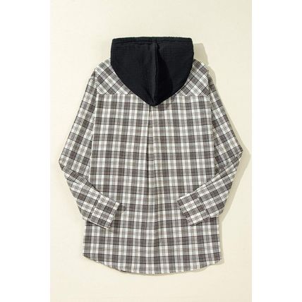 Black Checkered Print Loose Fit Buttoned Hooded Shacket