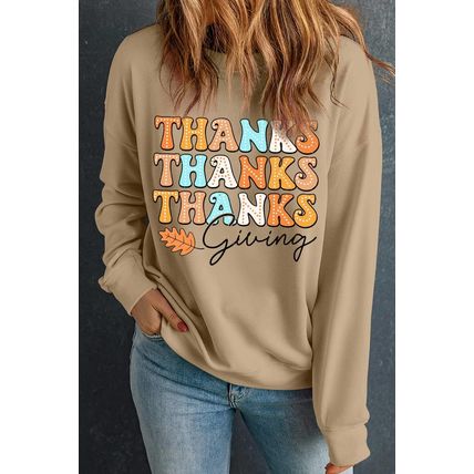 Khaki THANKS giving Leaves Printed Drop Shoulder Sweatshirt