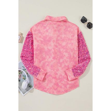 Apricot Pink Mineral Wash Sequin Patchwork Flap Pocket Shacket