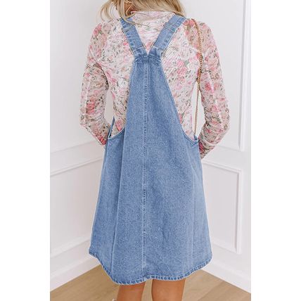 Beau Blue Wide Strap Button Front Pocketed Denim Mini Dress