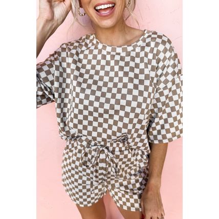 Brown Checkered Top and Short Casual 2pcs Set