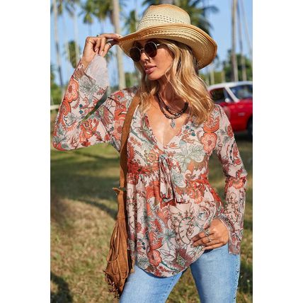 Orange Floral Print Deep V Neck Knot Bell Sleeve Blouse