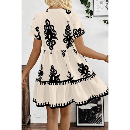 Black Vintage Print V Neck High Waist Short Sleeve Dress