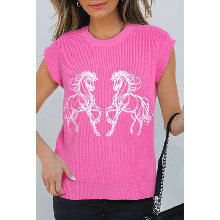 Sachet Pink Western Horse Embroidered Round Neck Sweater Tee