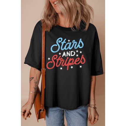 Black July 4th Stars AND Stripes Vintage Letter Graphic Tee