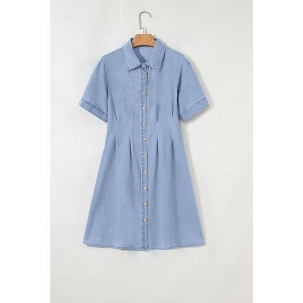 Myosotis Denim Pleated Slim Waist Short Sleeve Shirt Dress