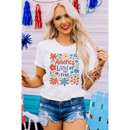 White America Land of The Free Flower Graphic Crewneck T Shirt