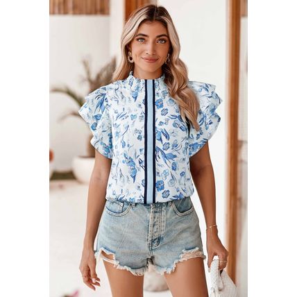 Sky Blue Floral Print Ruffled Short Sleeve Blouse