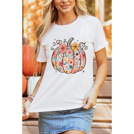 White Floral Pumpkin Print Cotton Blend T Shirt