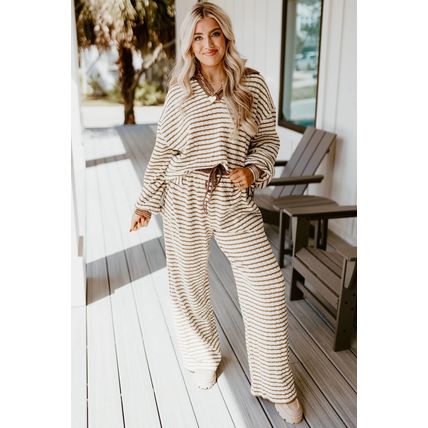 Khaki Stripe Collared Pullover Top and Drawstring Pant Set