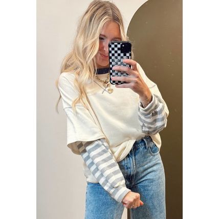 Beige Striped Patchwork Long Sleeve Round Neck Two-in-one Top