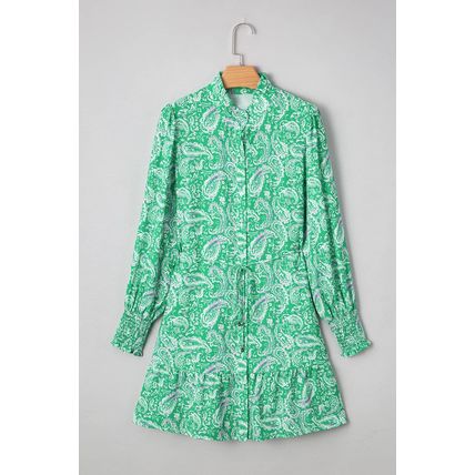 Green Paisley Print Long Sleeve Button Front Tied Waist Mini Dress