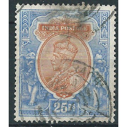 India 1913 SG191 25 Rupees Orange & Blue Fine Used . . ..