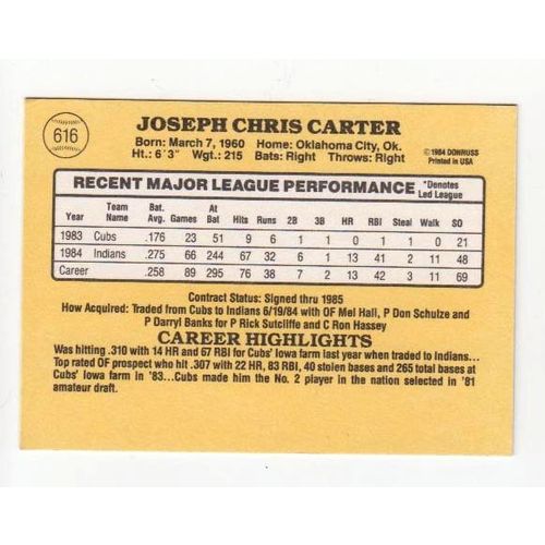1985 Donruss Joe Carter baseball card #616 – Indians