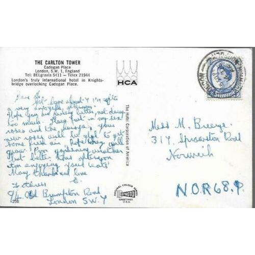 London - Carlton Tower, Cadogan Place (hotel) - US postcard, 1966 pmk