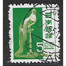 JAPAN 1950 5y GREEN & BROWN LONG TAILED COCK SG 595 FINE USED#