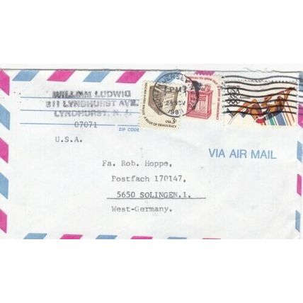 United States 1986 Lyndhurst-Solingen GER Airmail Cover VGC North Jersey cancel