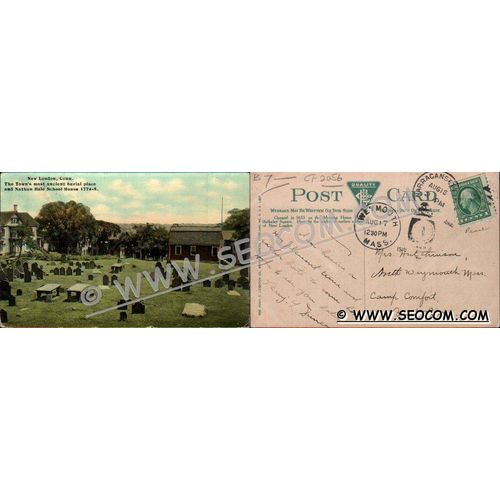 CT New London Postcard The Town's Most Ancient Burial Place & Nathan Hale ~2056