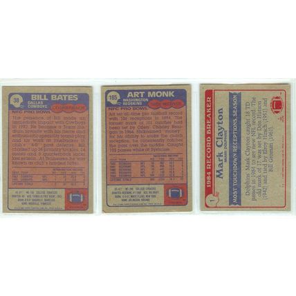 3x 1985 Topps Football #185 Art Monk (All Pro), #38 Bill Bates, #1 Mark Clayton
