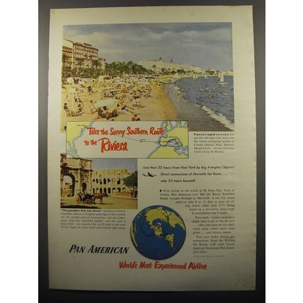 1950 Pan American Airline Ad - Take the sunny southern route to the Riviera