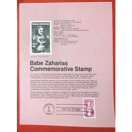 ZAYIX - 1981 United States Souvenir Page #SP562 - Babe Zaharias / Golf