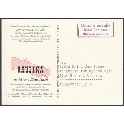 Raupina Medizin, c.1950s - Boehringer & Soehne Reklame AK