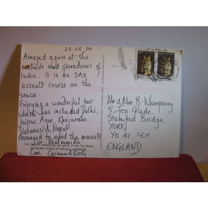 TAJ MAHAL, AGRA , INDIA. used postcard 2004 postmark =