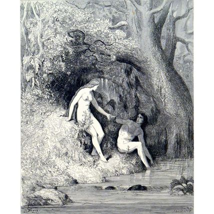 EVENING MEAL IN PARADISE 1885 Gustave Doré - John Milton ANTIQUE ENGRAVING