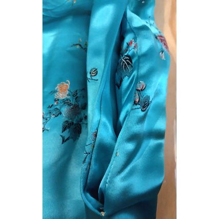 Wms Embroidered Aqua Floral Oriental Kimono Robe Gown Sm/Med Heavy Quality Flaw