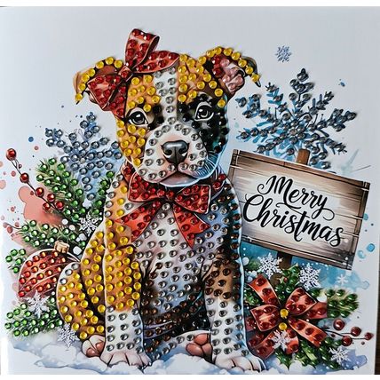 Handmade Diamond Art Christmas Card with Boxer Puppy Dog Size 6" x 6"