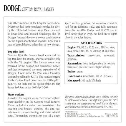 Collectors Club card. Classic Cars. Dodge Custom Royal Lancer