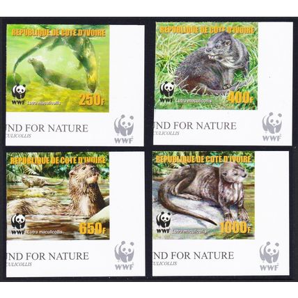 Ivory Coast WWF Speckle-throated Otter 4v IMPERF Reprint Corners 2005 MNH