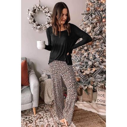 Long Sleeve Top and Leopard Print Pants Lounge Set