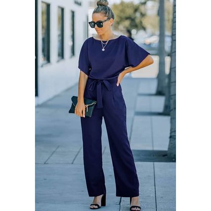 Blue Belted Wide Leg Jumpsuit