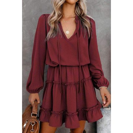 Wine V Neck Long Sleeve Ruffle Tiered Mini Dress