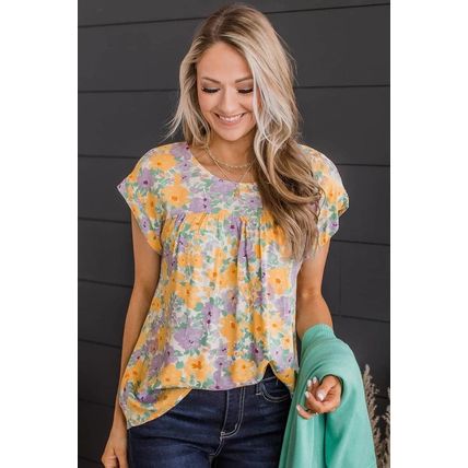 Yellow Floral Print Keyhole Back Short Sleeve Babydoll Blouse