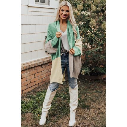 Green Colorblock Draped Open Front Chunky Cardigan