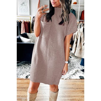 Simply Taupe Patch Pocket Ribbed Knit Short Sleeve Sweater Dress