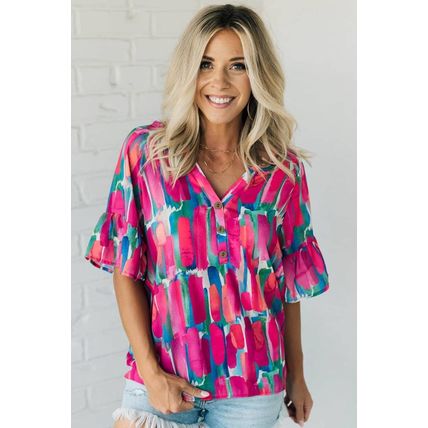 Rose Abstract Brushwork Print Buttoned V Neck Blouse